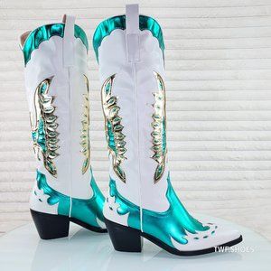 Phoenix blue Metallic White Western Cowgirl Boots Azalea Wang worn outside once